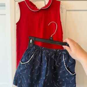 Navy Blue Kids Shorts with Sailboat Print and Red Top